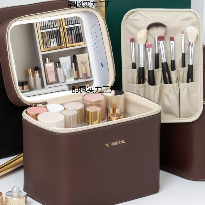 Cosmetic Bag with Mirror and LED Light, Large Capacity Makeup and Skincare Storage Bag, Portable Handheld Storage Case