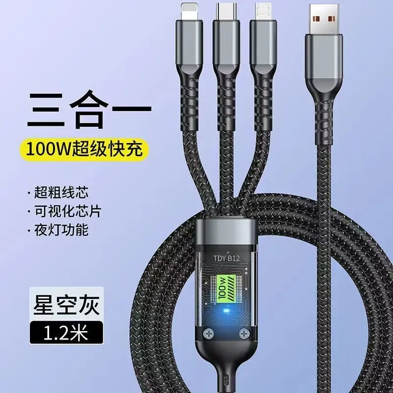 100W Transparent Light Flash Charging Three-in-One Data Cable Super Fast Charge Universal Charging Cable for Apple/Android Cellphone Smartphone Electronic Mobile Charger