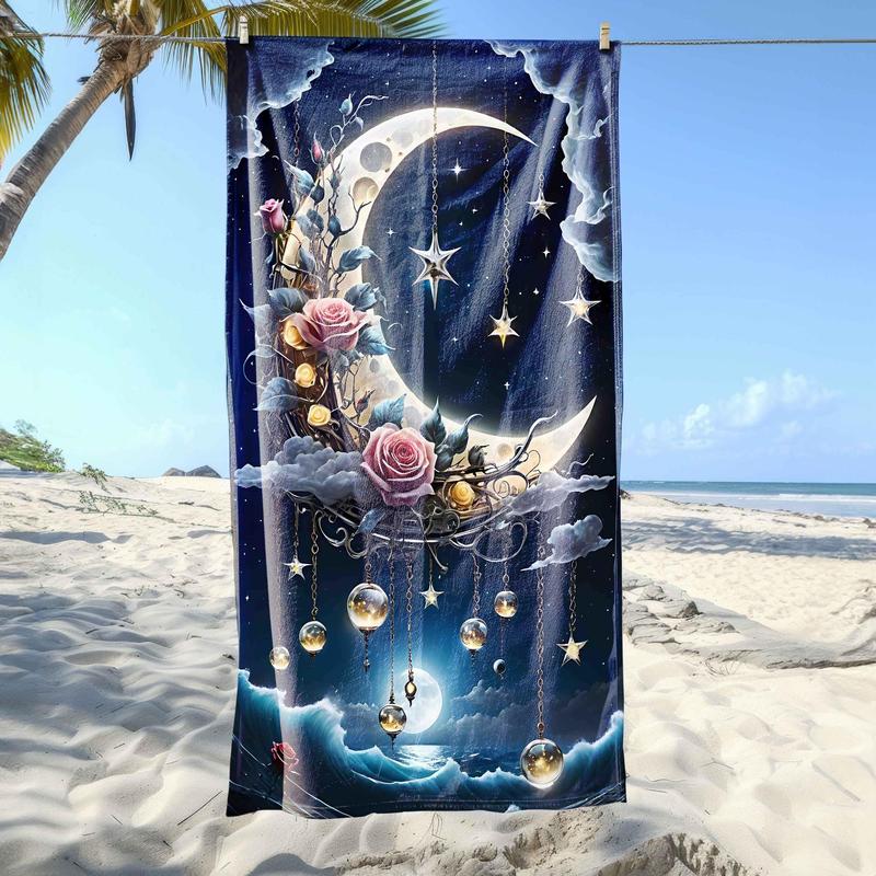 Product Introduction of Moon & Stars Pattern Beach Towel, Soft Absorbent Towel for Beach Swimming, Outdoor Travel, Summer Entertainment, Travel Beach Vacation Towel 0