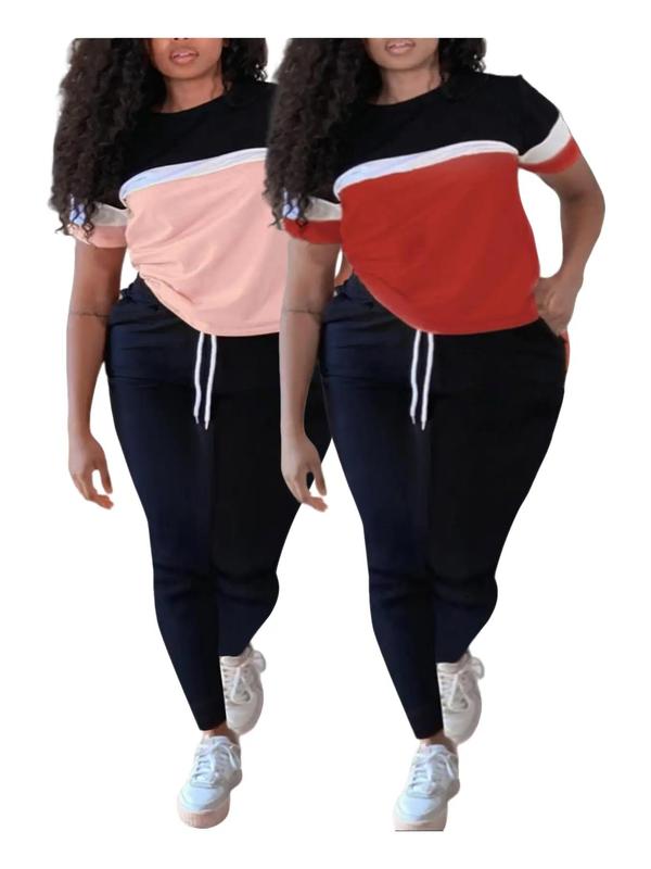 Lovelywholesale Two-piece Set Plus Size Colorblock Short Sleeve Tee & Drawstring Pocket Jogger Pants Set, Mean Girls Outfit, Co-ord Set for Women, Comfort Lady Co Ord Set, Casual Summer Clothes Set, Plus Size 2 Piece Sets 7