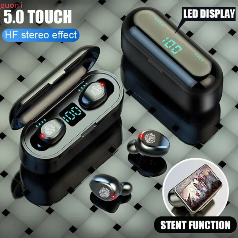 TWS-F9 Bluetooth 5.0 HiFi - Earphone Wireless Touch Control, Digital Display, Desain In-Ear, Hitam untuk HP.H 1