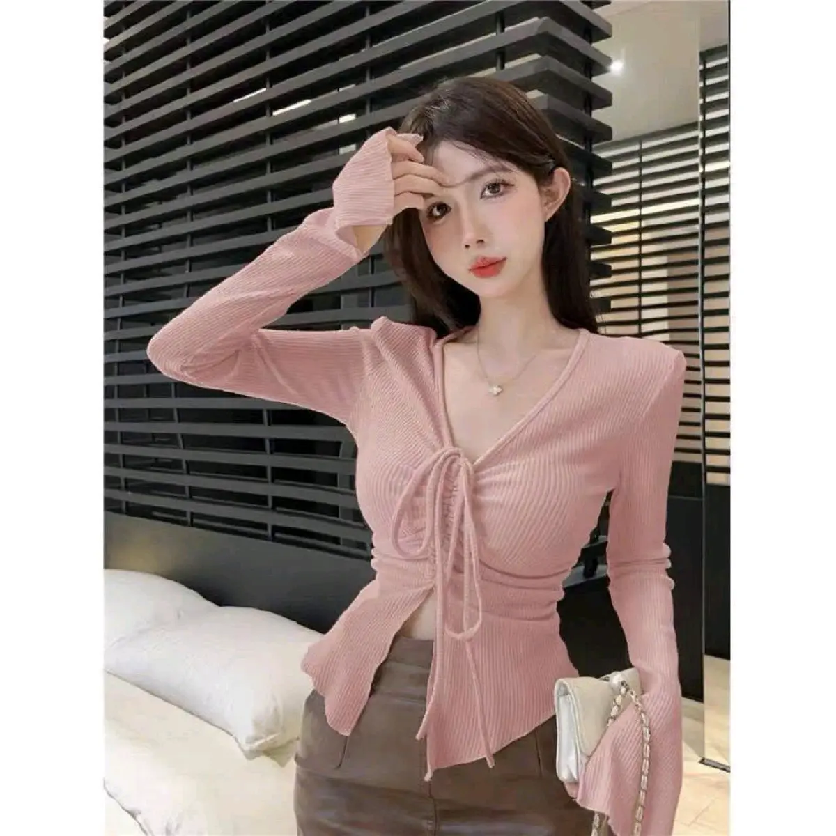 Áo thun nữ tay dài có dây rút ngực chất thun tăm lạnh co giãn A01