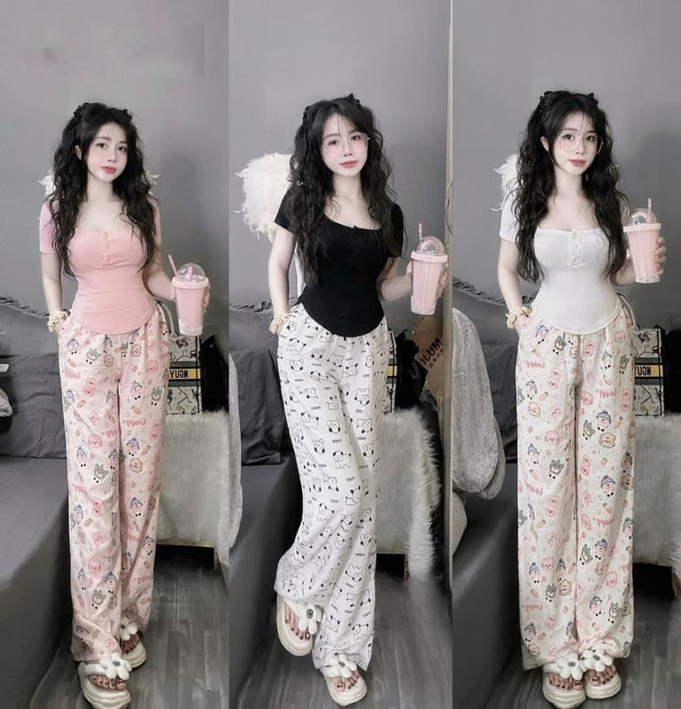 Full size (42-69kg ) áo tay ngắn trụ ,quần dài MinKyMom chất vải len gân Dễ Thương Nữ Bò Trắng