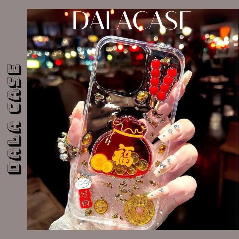 [Ốp Tết] Ốp Lưng Trong Nhũ Charm Hồ Lô + Túi Đỏ PHÁT TÀI