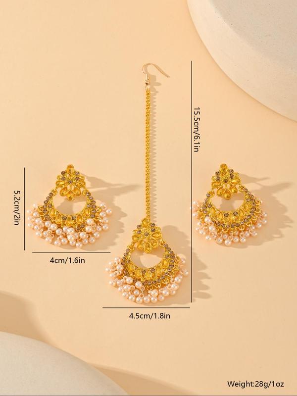 Faux Pearl & Rhinestone Decor Jewelry Set, Boho Style Hollow Out Design Tassel Dangle Earrings & Head Chain, Fashion Accessories for Women 1