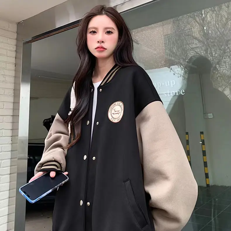 Jacket  Women  Top Áo Khoác Bóng Chày, Màu Nâu, Dành Cho Nữ, Phong Cách Cổ Điển Mỹ Phong Cách Preppy, Màu Tương Phản Tuyệt Vời, Thời Trang a o kho act hoi áo  khoác quang 2 mặt