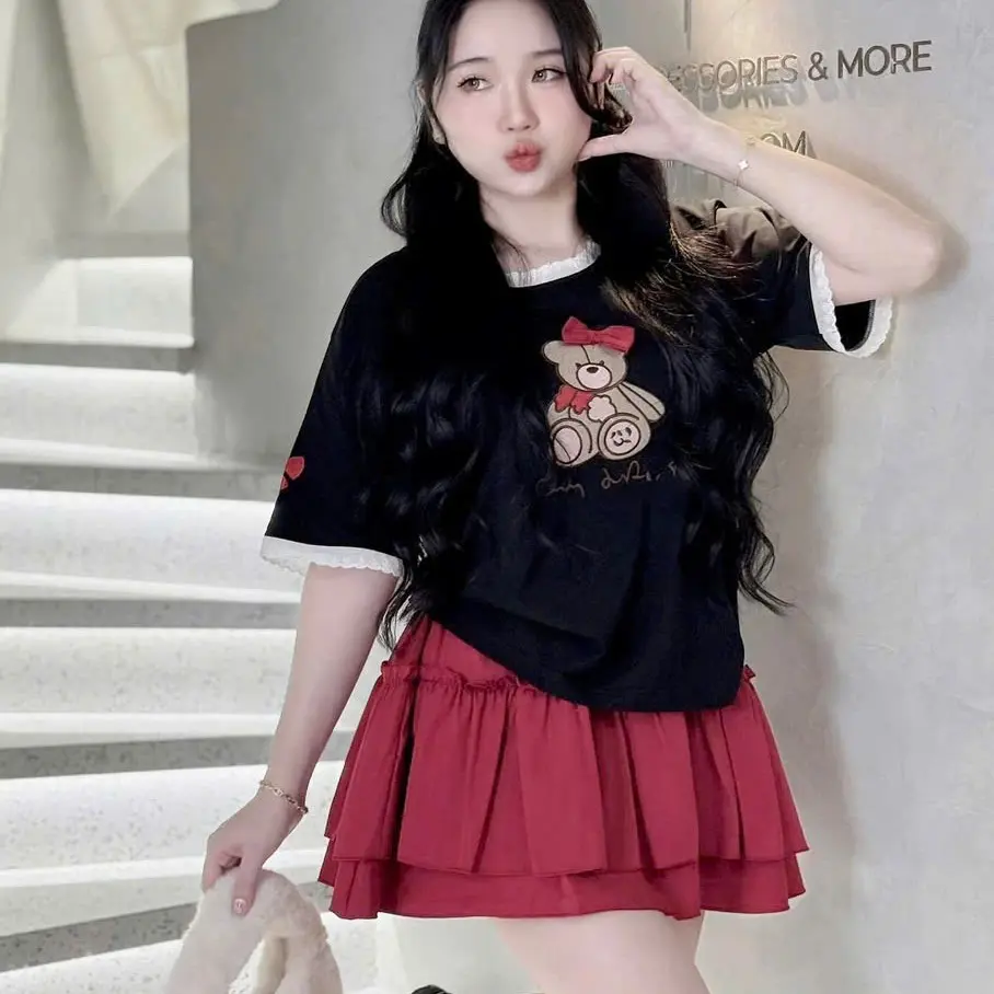 Set đồ nữ, áo thun phối ren co giãn, chân váy xếp ly phong cách tiểu thư
