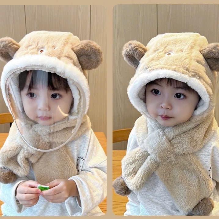 Mũ Len Trùm Đầu Có Kính Chắn Gió Tích Hợp Khăn Quàng Cổ Tiện Lợi Cho Bé, Nón Len Lông Cừu Có Kính Bảo Vệ Khăn trùm Loại dày ấm Hat