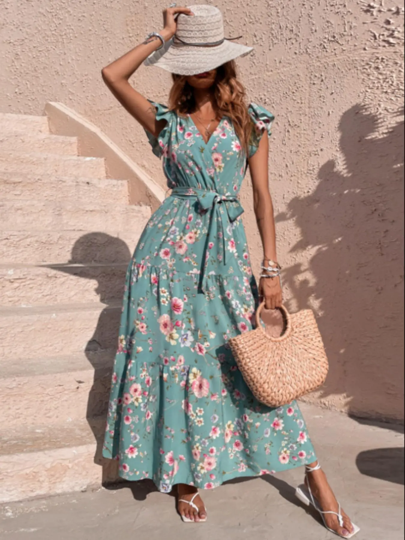 Women's Ditsy Floral Print Ruffle Trim Belted Wrap Butterfly Sleeve Dress, Boho V Neck Cap Sleeve A Line Long Dress for Spring Beach Holiday Vacation, Ladies Clothes for Daily Wear