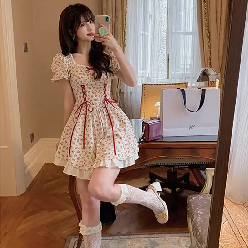 Đầm Mini Hoa, Dành Cho Phụ Nữ, Tay Phồng, Thiết Kế Bèo Nhún Ống Loe, Phong Cách Pháp, Thanh Lịch, Thích Hợp Cho Sinh Nhật Women Dress 4