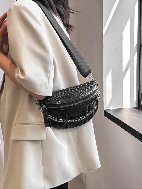 Fashion Rhinestone Decorated Fanny Pack, Casual Versatile Chain Strap Chest Bag for Women, Simple All-match Sling Bag for Daily Life 6