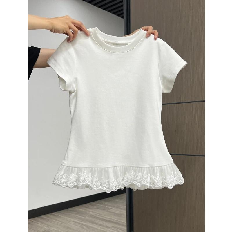 kaos polos slim lengan pendek renda atasan wanita kekinian soft cotton musim panas korean style kaos polos slim lengan pendek renda atasan wanita kekinian soft cotton musim panas korean style