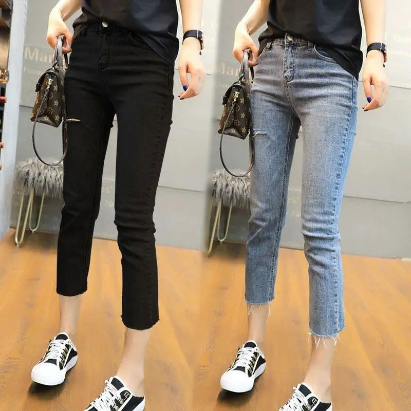 Smoke Tube Jeans for Women Cropped Petite 2023 Summer Thin High Waist Retro Ripped Straight Capri Pants Lovely Beautiful Beautiful Women's Jeans