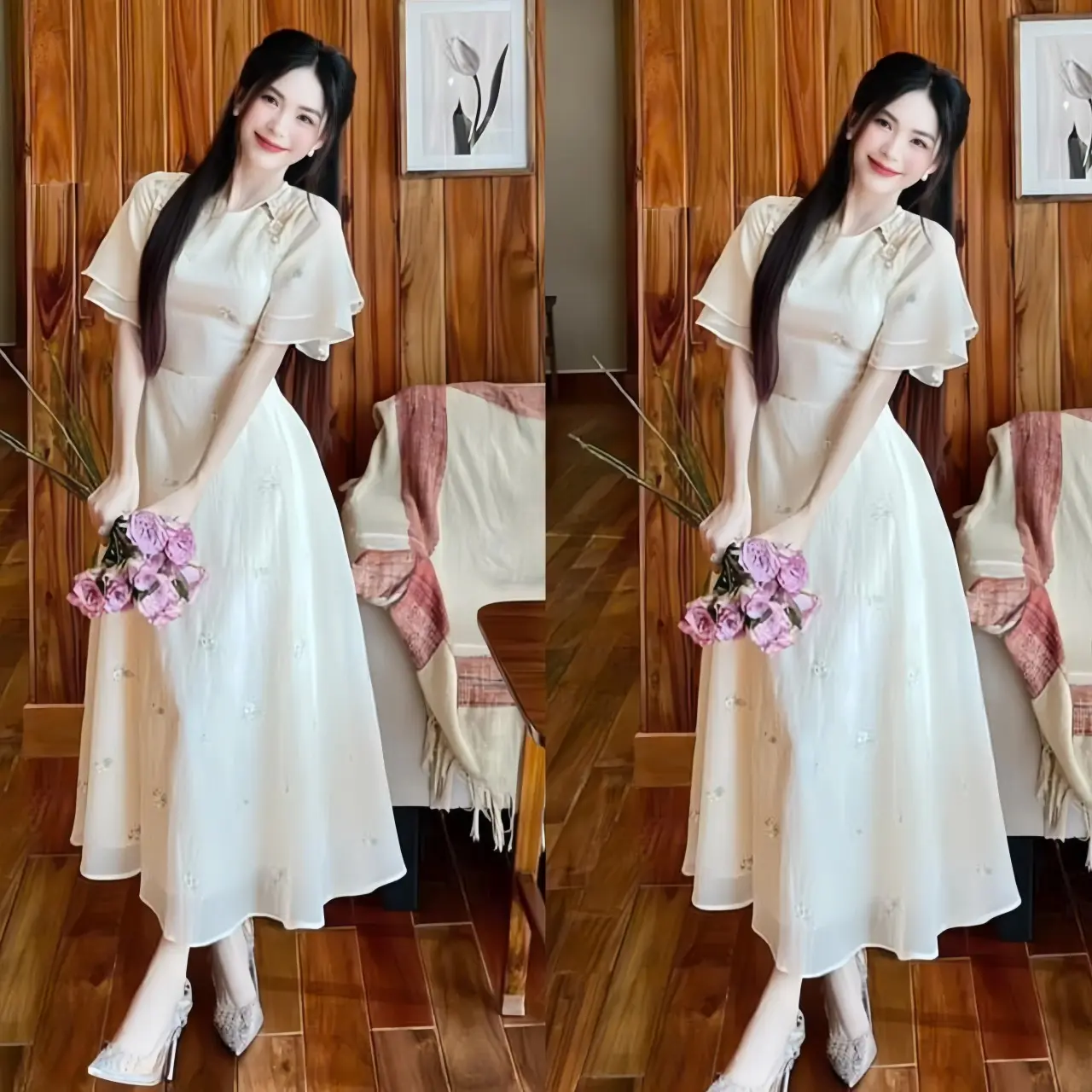 Đầm váy nữ voan hoa thiết kế tay ngắn 2 lớp cổ tròn dáng váy dài xòe xinh xắn dễ thương dàng cho các nàng diện đi chơi ,đi tiệc. Women top
