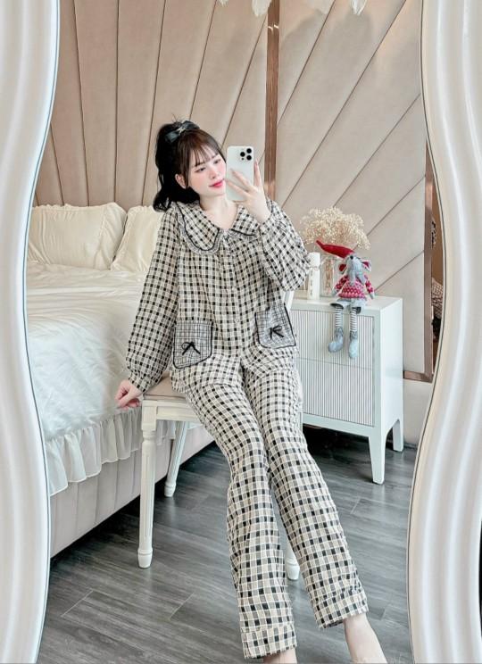 Product Introduction of Đồ Bộ Mặc Nhà Áo Tay Dài Túi Phối Quần Dài Dành Cho Nữ, Chất Vải Kẻ Nhung Mềm Mại, Kiểu Dáng Dễ Thương Form Dưới 60kg Dài Tay Women Tua Rua 18
