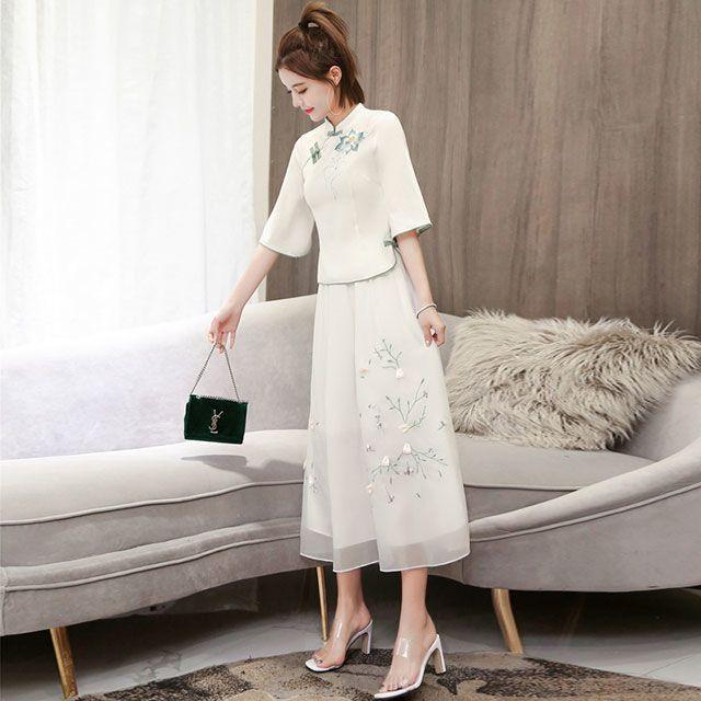 Product Introduction of 2024 New Chinese Style Women's Clothing Improved Adult Women's Han Chinese Clothing Autumn Ancient Costume Cheongsam Slim Fit Dress Two-Piece Set 16
