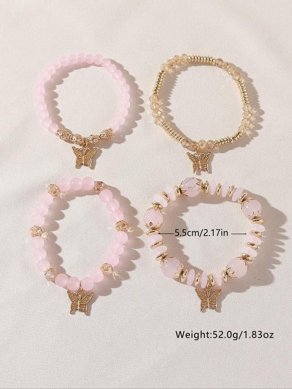 Fashionable Temperament Butterfly Charm Decor Beaded Bracelets, 4pcs/set Boho Style All-match Beaded Bracelet, Fashion Jewelry for Women & Girls 7