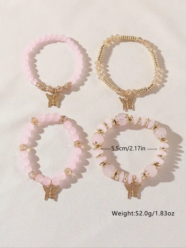Fashionable Temperament Butterfly Charm Decor Beaded Bracelets, 4pcs/set Boho Style All-match Beaded Bracelet, Fashion Jewelry for Women & Girls 7