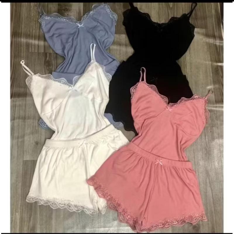 sét Bộ ngủ nữ áo 2 cổ V dây viền ren kèm quần đùi viền ren size dưới 53kg sexy chất gân tăm mềm mát mã g59 Tập Yoga