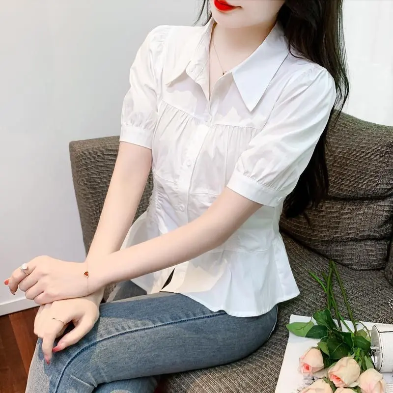 Áo Sơ Mi Ngắn Tay, Dành Cho Phụ Nữ, Hàng Mới Về Mùa Hè 2024, Thiết Kế Đẹp, Cỡ Nhỏ, Eo Bó Sát, Phong Cách Pháp Sang Trọng Độc Đáo Áo Ôm Eo 4