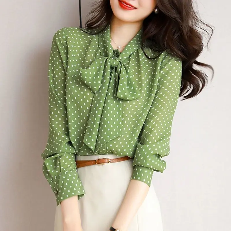Áo Sơ Mi Nữ Chấm Bi Màu Xanh Lá Cây, Cổ Áo Ren, Dài Tay, Một Chiếc Áo Cardigan Một Ngực, Áo Mỏng, Hàng Mới Về Mùa Xuân Và Mùa Thu 2024