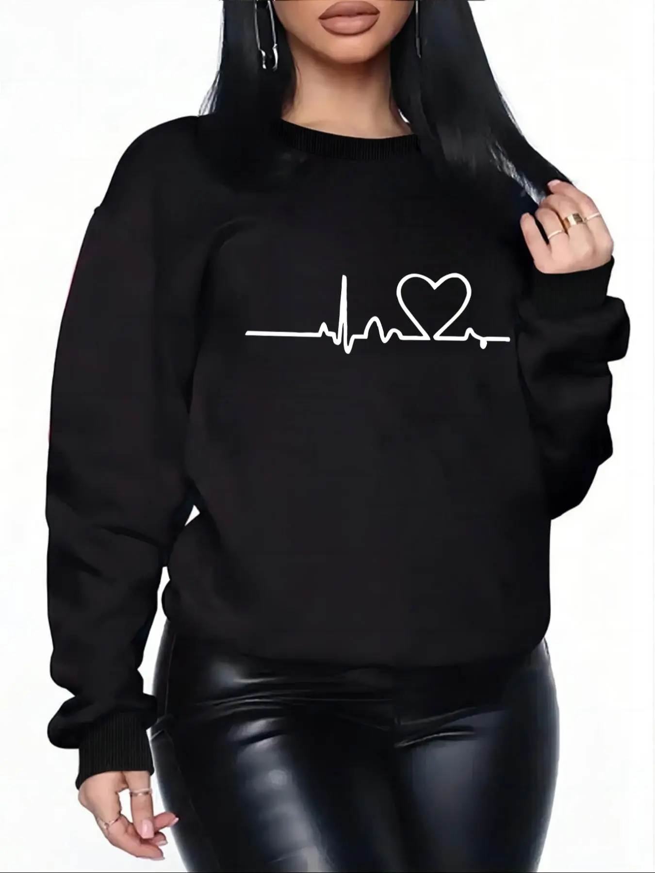 Women's Heartbeat Print Round Neck Sweatshirt, Casual Long Sleeve Crew Neck Pullover for Daily Wear, Ladies Clothes for All Seasons