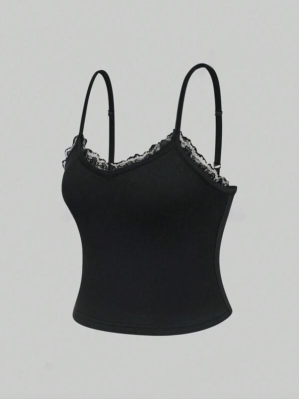 Women's Plain Lace Trim Backless Cami Top, Casual Adjustable Spaghetti Strap Scoop Neck Top, Ladies Summer Clothes for Daily Wear 2