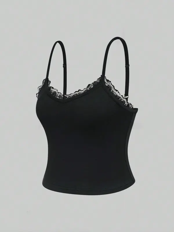 Women's Plain Lace Trim Backless Cami Top, Casual Adjustable Spaghetti Strap Scoop Neck Top, Ladies Summer Clothes for Daily Wear 2