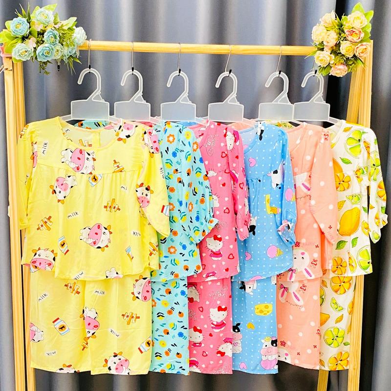 [5-38 Kg] -SET 3 Bộ Đồ Tole Lanh Dài Bé Gái - Mẫu Dài Nút Sau - Đồ bộ cho bé gái Chất vải tôn lanh mềm mại, thoải mái- quần áo ngủ