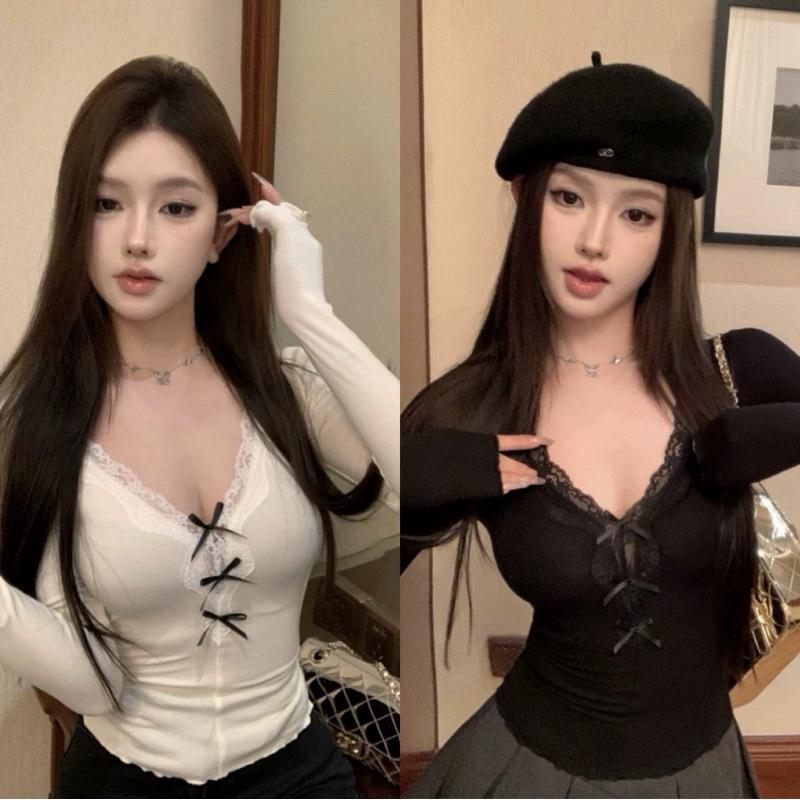 Áo kiểu tay dài phối ren phối nút đen trắng chất thun tăm siêu sang VANISA CT078 Nữ Women Top Sơ Mi