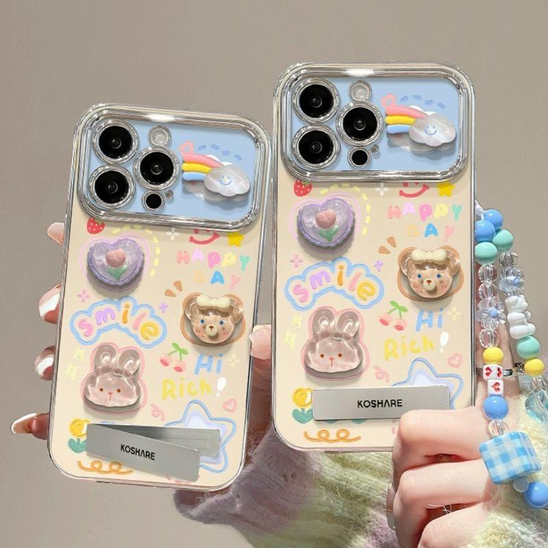  Ốp Điện Thoại Búp Bê Đám Mây Cầu Vồng Graffiti Cho iPhone 17 16 15 14 13 12 11 Pro Max XR X XS Max Mạ Silicon Mềm Nắp Lưng Chống Sốc Có Chân Đế Và Vòng Đeo Tay Xanh Biển Phụ Kiện Case 