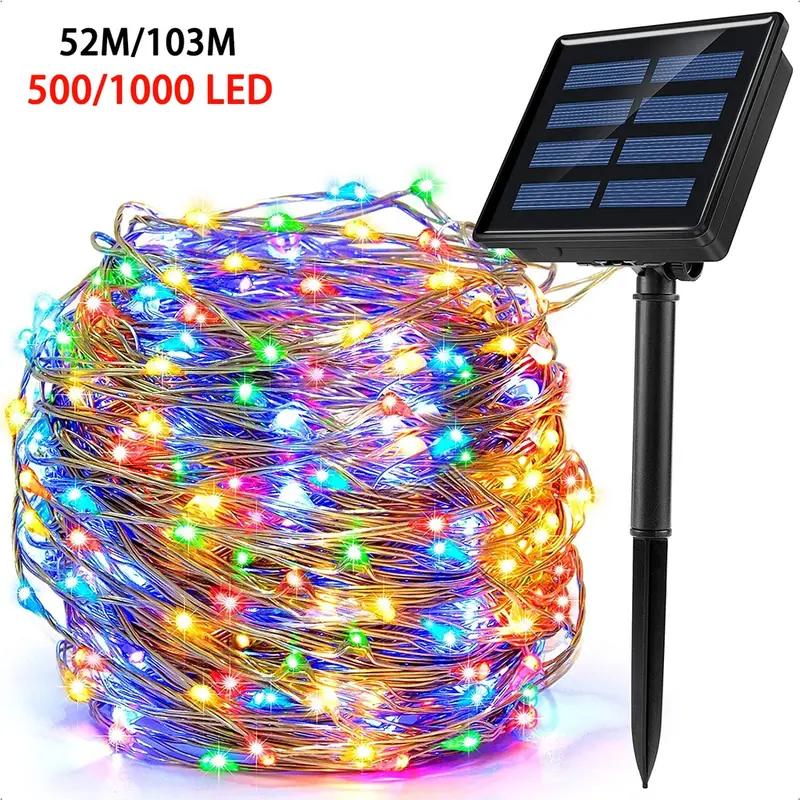 Đèn năng lượng mặt trời, Đèn dây cổ tích LED, Không thấm nước, 8 chế độ ánh sáng, Có sẵn trong 103m / 52m / 42M / 32m / 22m / 12m / 7M, Thích hợp cho sân vườn, chủ đề, cây, trang trí đám cưới, quà tặng Giáng sinh và Năm mới 0