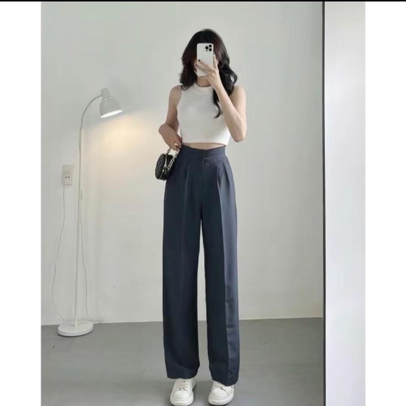 Quần tây nữ ống suông phối 2 cúc khoá trước, quần tây nữ ống rộng đi làm công sở đi học chất liệu tuyết mưa mềm mịn