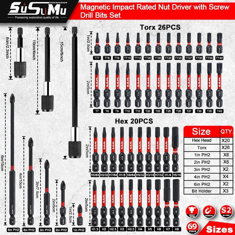 Screwdriver Bit Set, S2 Steel Cross Head Drill Bit Set, 1/4 Hex Shank Anti-slip Screwdriver Bit Set, Magnetic Screwdriver Bit Set for Impact Driver Electric Screwdriver 1