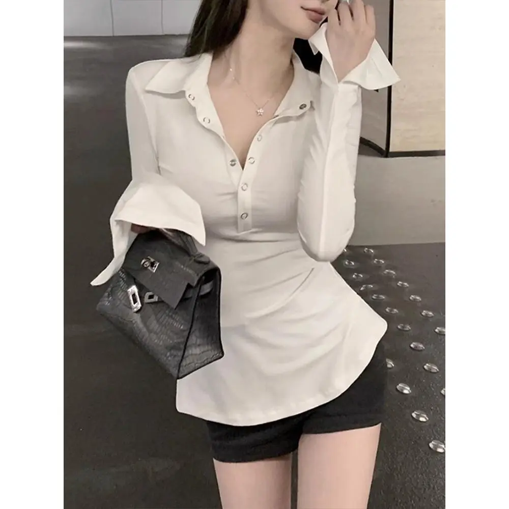 Áo Ống Ôm Sát Cơ Thể, Dành Cho Nữ, Phong Cách Thuần Khiết, Cổ Bẻ Áo, Nút Cài, Áo Thun Dài Tay, Thích Hợp Cho Mùa Xuân Và Mùa Thu, Hàng Mới Về, Mỏng Vừa Vặn, Áo Polo Ôm Sát, Áo Cô Gái Nóng Bỏng, Áo Kiểm Soát Eo, Thời Trang