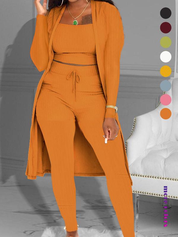 Women's Plain Long Sleeve Open Front Cardigan & Tie Front Leggings & Sleeveless Cropped Top Set, Casual Chic Elegant Fashion Cozy Breathable Women's Lounge Outfits for Fall, Ladies Fall Co-ord Sets, Womenswear 6