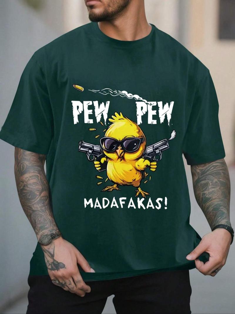 Product Introduction of Men's Cartoon Chicken & Letter Print Round Neck Tee, Regular Fit Casual Short Sleeve T-shirt for Summer, Men's Top for Daily Wear 1