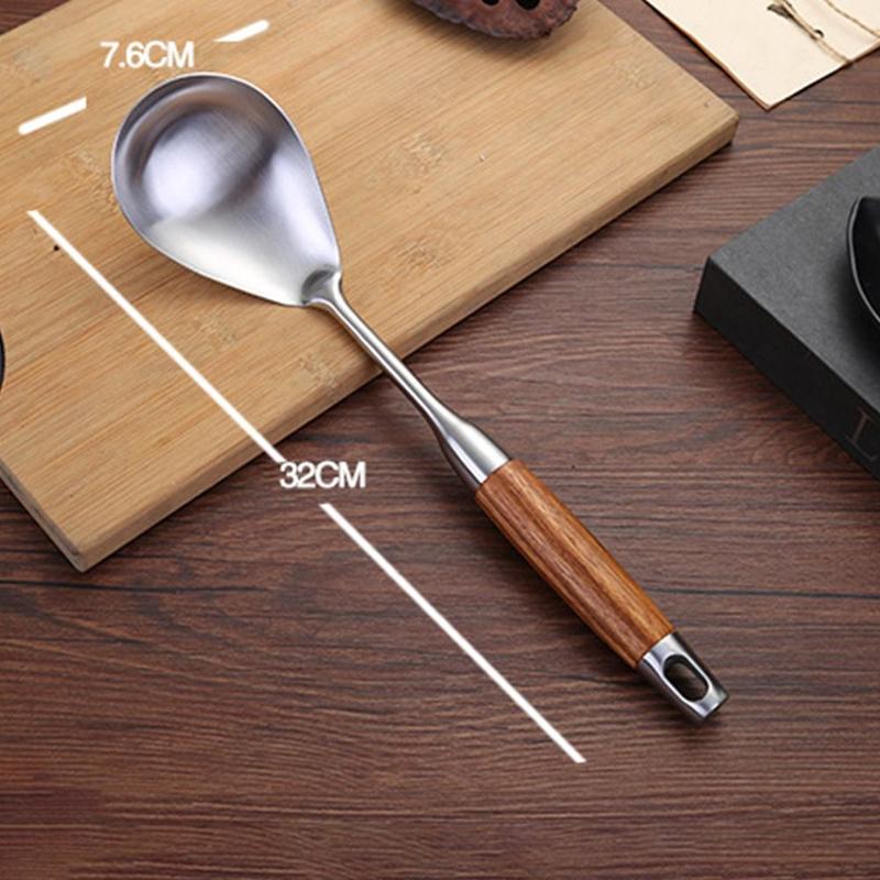 Cookware 304 Staniless Steel Kitchen Utensils Long Wooden Handle Spatula Spoon Cooking Equpment Frying Shovel Thickened Cooking Tool Sets 4