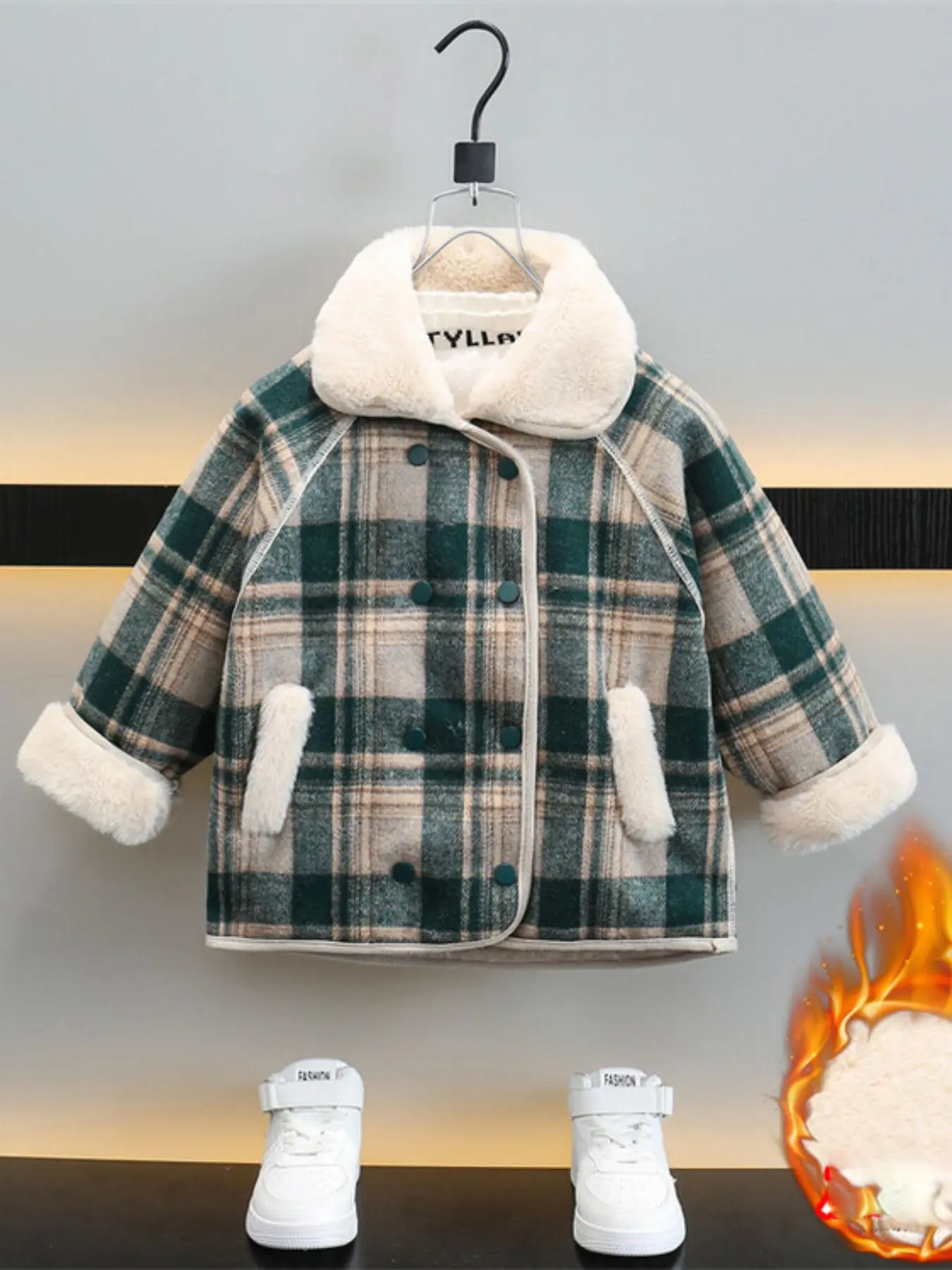 Boy's Colorblock Plaid Print Double Button Pocket Warm Coat, Casual Raglan Sleeve Collared Outerwear for Fall & Winter, Kids Clothes for Daily Wear