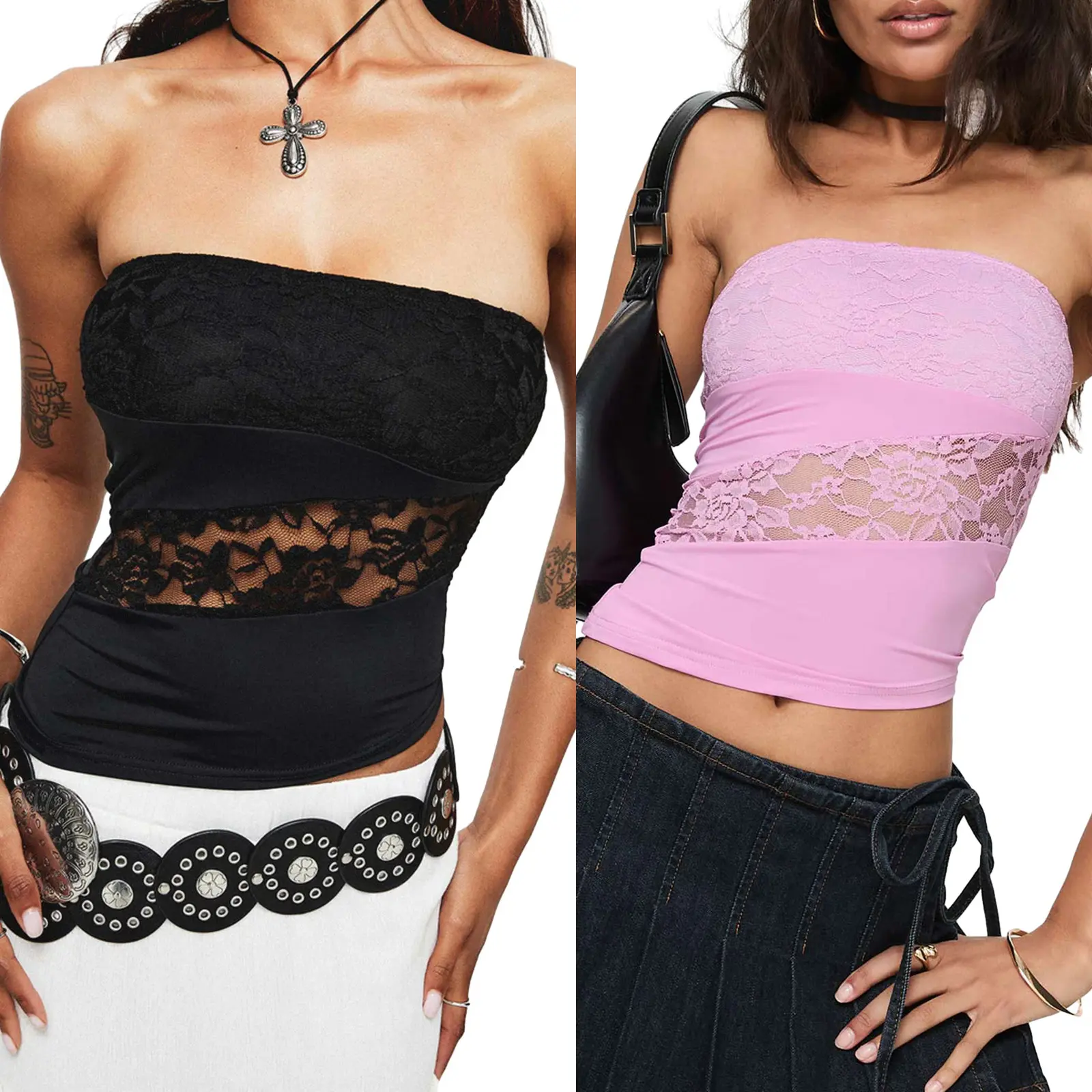 Áo Ống Mỏng Mùa Hè Cho Nữ, Không Tay, Không Dây, Trễ Vai, Ren Xuyên thấu Áo Hoa Women Top Kem Viền Ren Sen Màu Đen