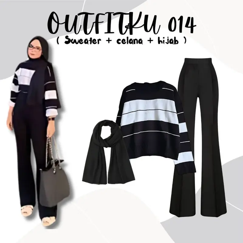 One Set 3in1 Sweater Rajut Celana Cutbray Hijab Pasmina | Outfit Wanita Ootd Hangout KR17 0