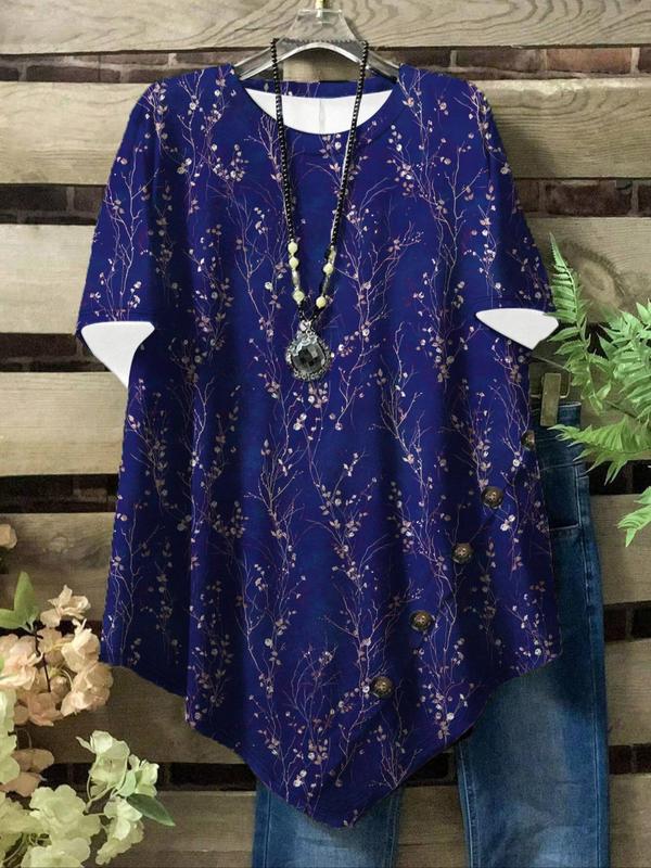 【Plus Size】 Floral Print Tee, Casual Short Sleeve Round Neck T-shirt for Summer, Women's Plus Size Clothing for Daily Wear 6
