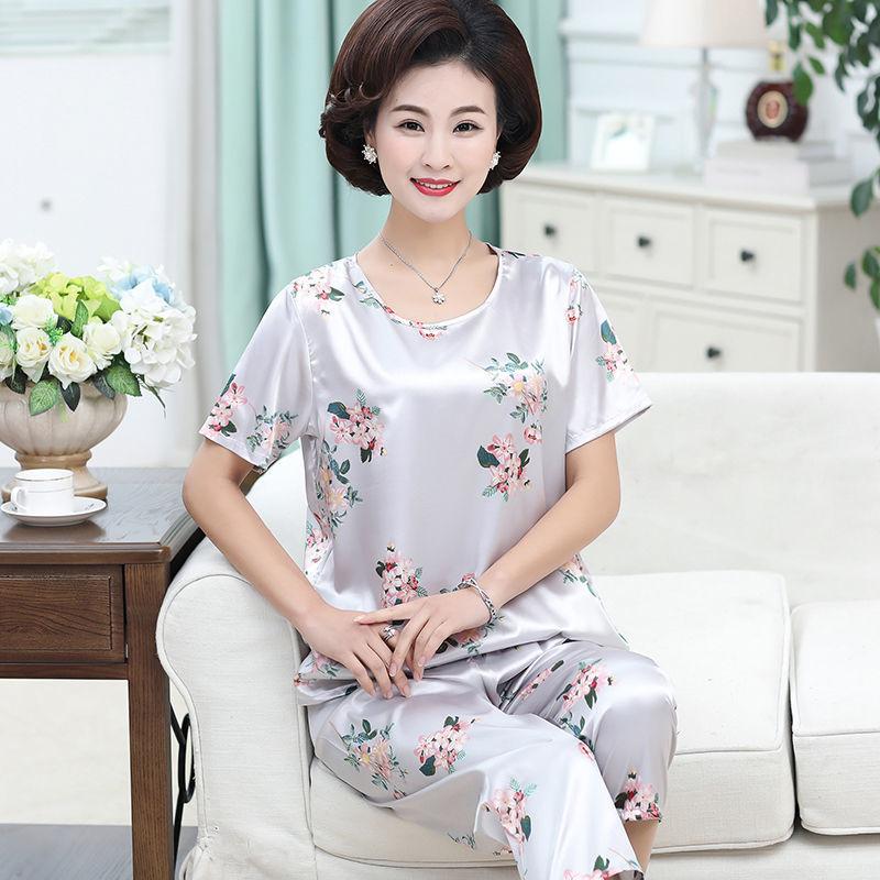 Đồ Ngủ Cho Mẹ TRUNG NIÊN, Đồ Mặc Nhà Mùa Hè, Chất Liệu Lụa Nhân Tạo, ngắn Tay, Dáng Rộng Vừa Vặn, Ngoại Cỡ, Thích Hợp Cho Phụ Nữ Trung Người Già Và Cao Tuổi, Làm Bằng Lụa Lạnh 1
