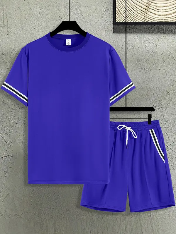 Classy Two Piece Sets Men's Contrast Binding Tee & Drawstring Waist Shorts Set, Casual Short Sleeve Round Neck T-shirt & Pocket Track Shorts, Autumn Outfits, Menswear, Posh Men's Clothes, College Outfits UK, Balkan School Outfits, Outfit Sets for Men 8