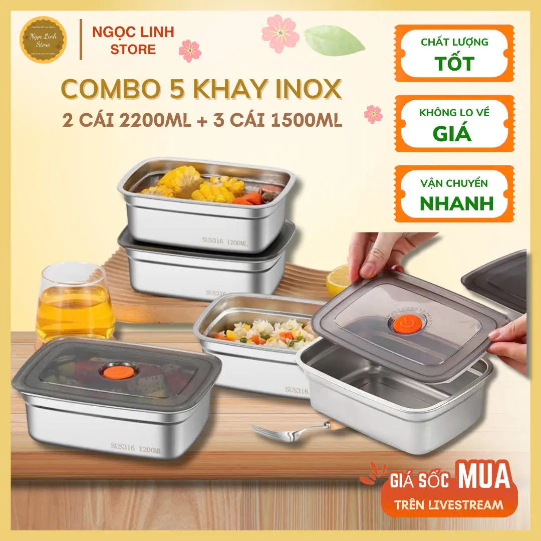 [Mix size] Combo 5 hộp inox đựng đồ ăn, 3 hộp 1500ml và 2 hộp 2200ml, nắp đậy nhựa silicon tiện lợi