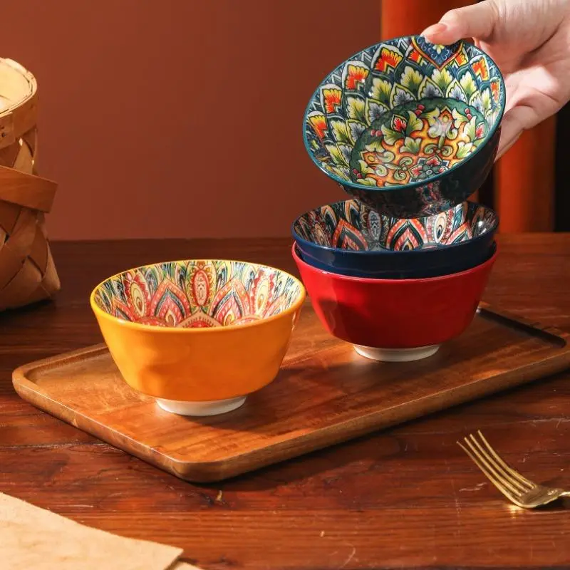 Vintage Floral Pattern Bowl Set, 4 Counts/set Creative Ceramic Bowl, Household Tableware for Home Kitchen Dining Room