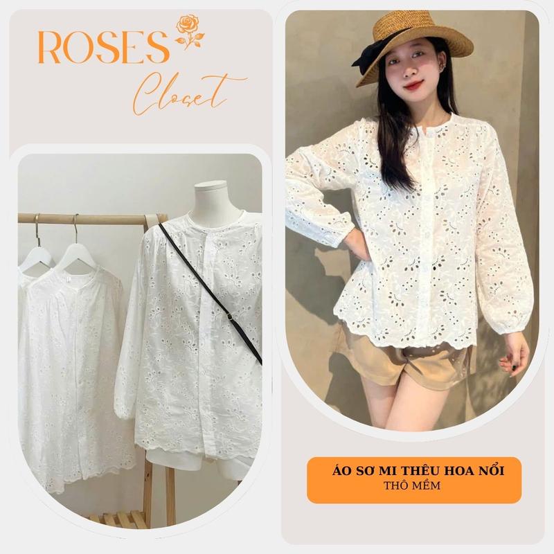 Áo Sơ Mi Kiểu Nữ Ren Hoa Bồ Công Anh, From Rộng Che Bụng Mỡ, Vải Ren Dệt Kim Cổ Tròn Thêu Ren Hoa Nổi Đục Lỗ Phong Cách Hàn Quốc