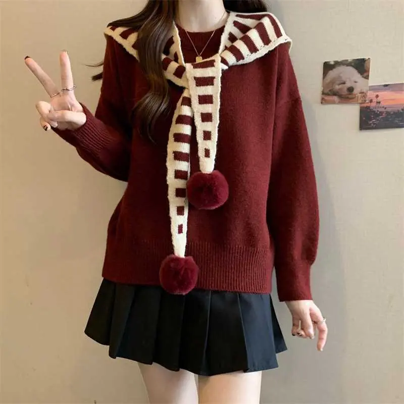 Áo Len Khăn Choàng Sọc, Giả Hai Mảnh, Ankela, Áo Len Đỏ, Dành Cho Nữ, Mùa Thu Và Mùa Đông, Ngoại Cỡ, Cô Gái Đầy Đặn, Áo Cổ Thủy Thủ
