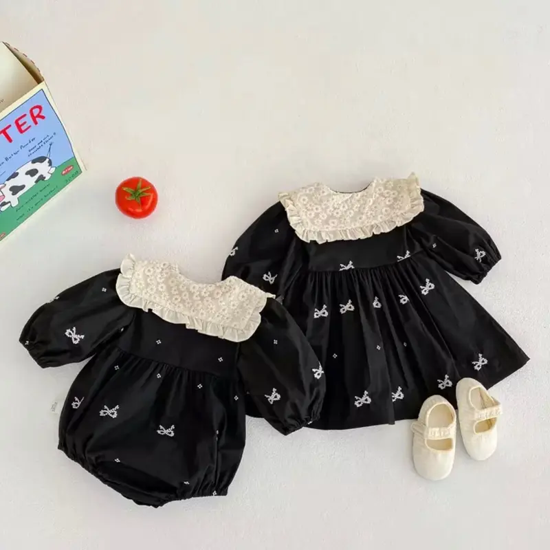 Dress dan Romper Krah Kupu Pita Couple Kakak Adik Anak Perempuan / Cewek Newborn sampai 3 tahun | Baju lebaran | Baju Kembar | Ootd Lengan Panjang Hitam 1