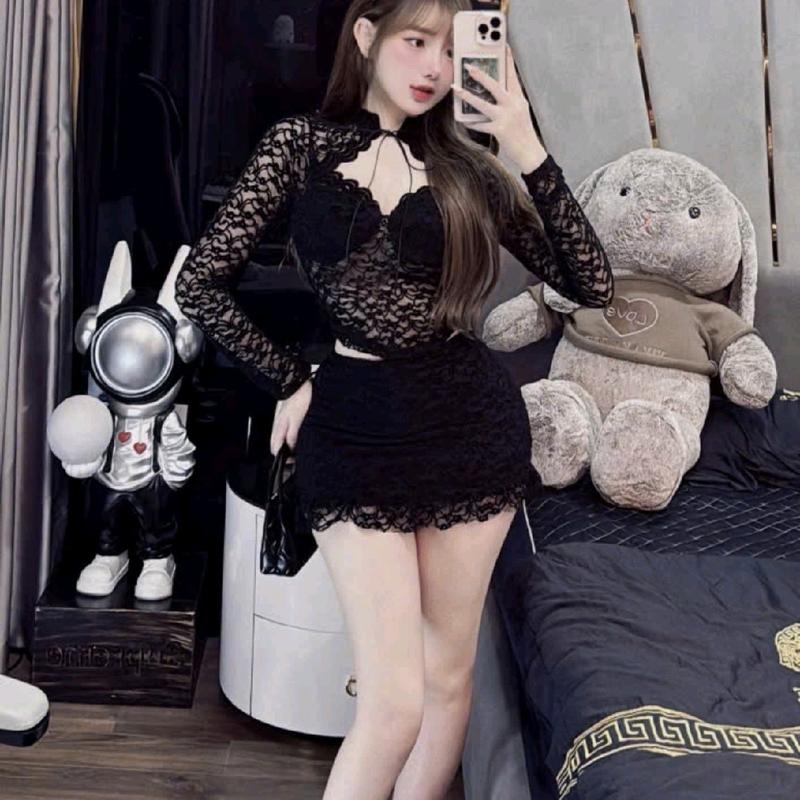 Sét bộ áo cổ khoét ngực tay dài chân váy ôm lai kiểu bèo dành cho nữ - Women